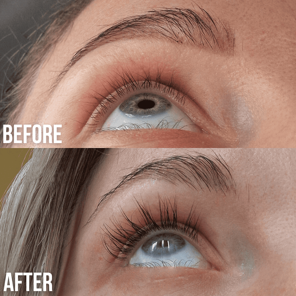 Rehaussement et teinture des cils avant et après